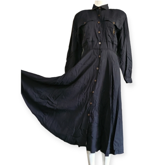 Vintage 70s80s Studio I Black Longsleeved Flowy Rayon Shirt Dress Midi Sz 6 - Picture 3 of 7